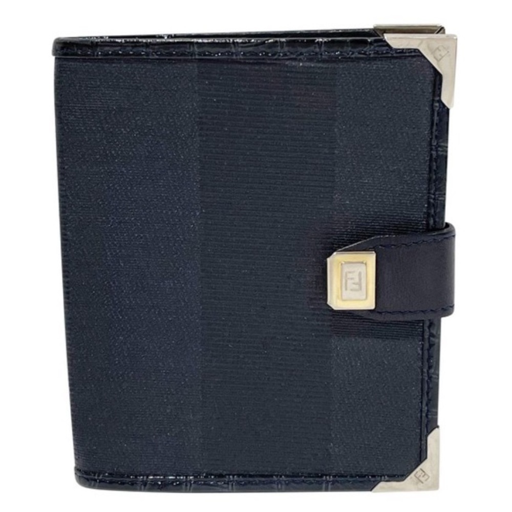 Fendi vintage navy blue pequin stripe canvas crocodile leather trim card wallet